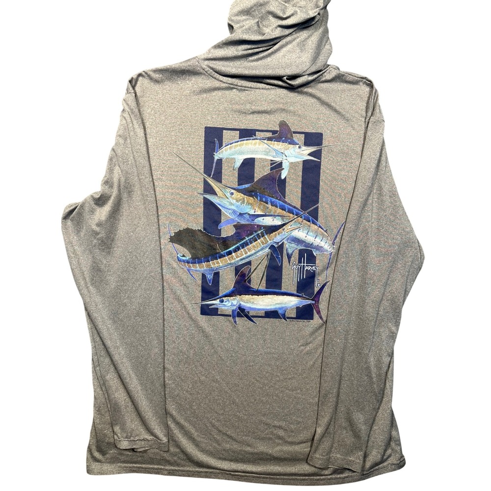 Guy Harvey Mens Gray Long Sleeve‎ Graphic Fishing Shirt Marlin Tuna Sailfish L/G - Picture 2 of 4